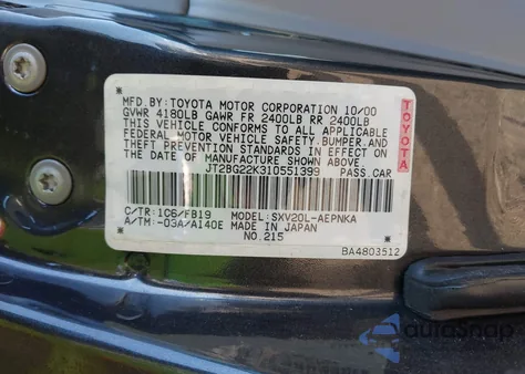 2001 Toyota Camry Le from USA, damaged, VIN JT2BG22K310551399